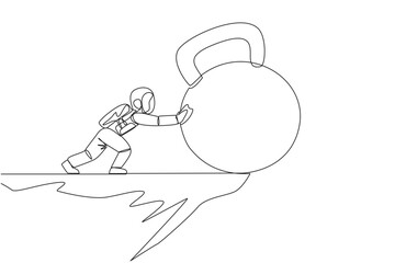 Single continuous line drawing astronaut pushes giant kettlebell over the edge of a cliff. Exercise builds muscle in space. The concept of tough man in outer space. One line design vector illustration