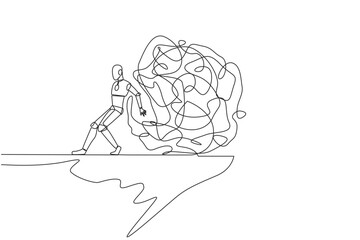Single continuous line drawing robot pushes a tangled circle giant down from the edge of cliff. Drop excess anxiety. Future technology development concept. AI tech. One line design vector illustration