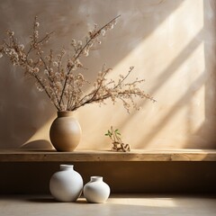 Elegant flower vase background with a wall display of a combination of calm and smooth colors complemented by reflections of sunlight, room concept, blogs, power points etc. Generative Ai Image