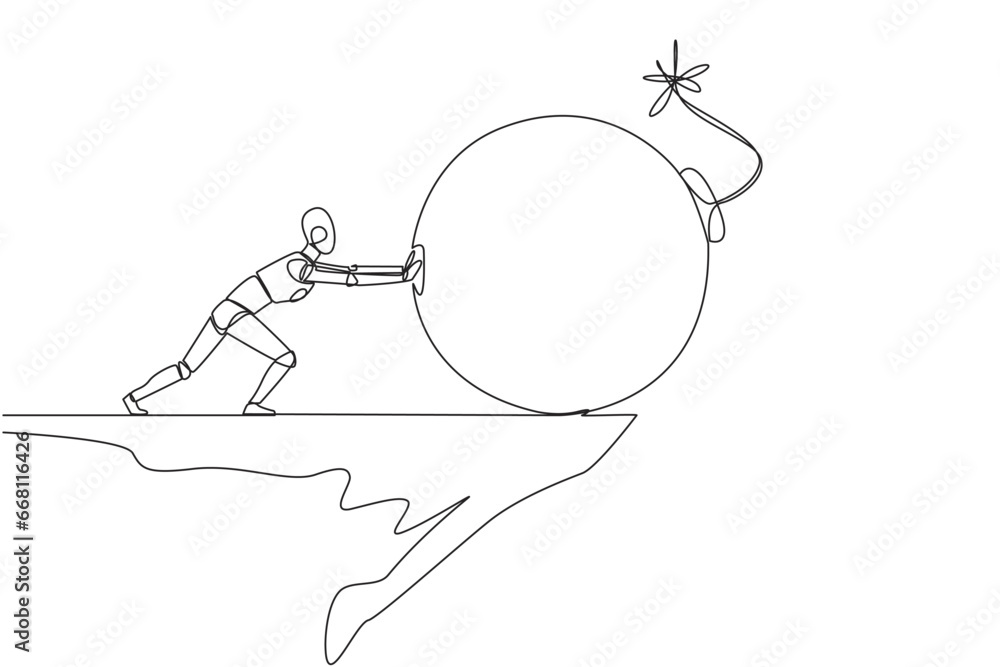 Poster continuous one line drawing robot pushes large bomb with a burning fuse down from the edge of cliff.