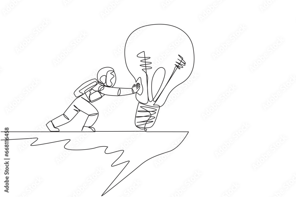 Poster single continuous line drawing astronaut pushes a large lightbulb over the edge of a cliff. dropping