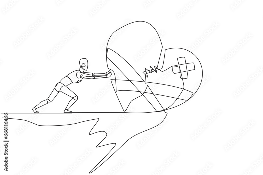 Poster single continuous line drawing robot pushes the symbol of giant broken heart from the edge of the cl