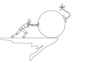 Continuous one line drawing robot pushes large bomb with a burning fuse down from the edge of cliff. Concept of keeping away from harm. Future tech concept. Single line draw design vector illustration