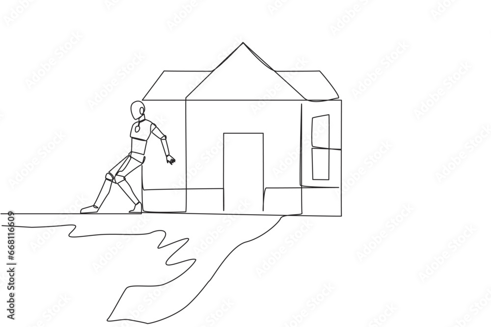 Poster continuous one line drawing robot pushes miniature house down with its back from the edge of the cli