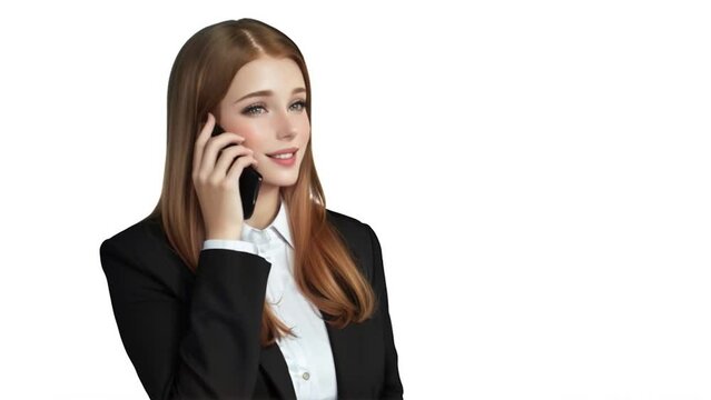 beautiful business woman in a black business suit uses a smartphone isolated on a white background. Generative AI