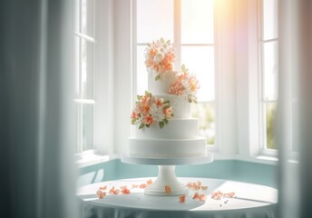 Beautiful big wedding cake decorated with flowers. Event celebration baked dessert in illuminated room. Generate ai