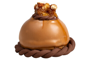 Caramel cake. Delicious portion cake isolated on white background. patisserie products. Close up