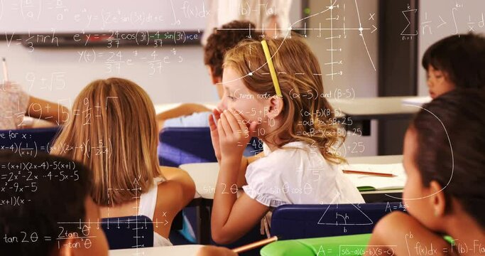 Animation of mathematical equations against caucasian girl whispering in ear of girl at school