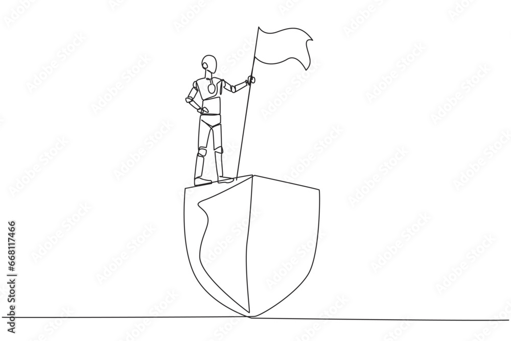 Poster continuous one line drawing of robotics standing on giant shield holding fluttering flag. celebratio