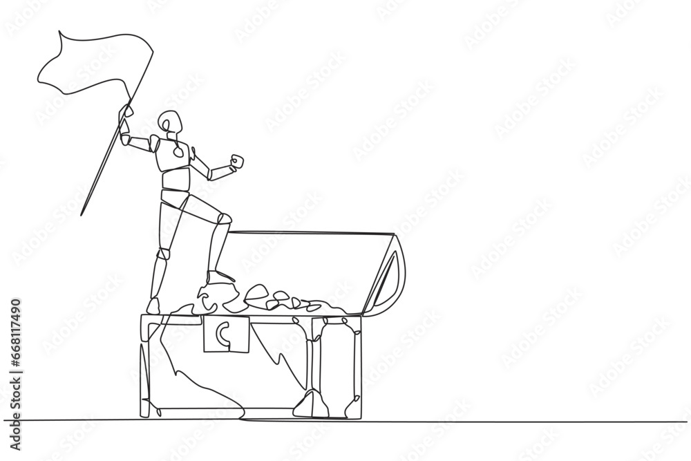 Aufkleber single one line drawing robots standing on giant open treasure chest holding flag. robot with artifi