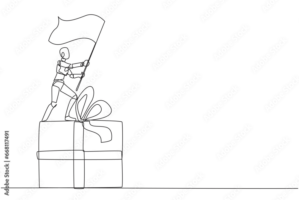 Poster single continuous line drawing of robotic artificial intelligence standing on giant gift box holding