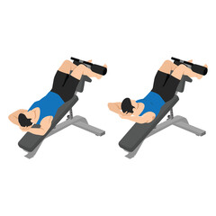 Fototapeta na wymiar Man doing decline crunch on a bench exercise. Flat vector illustration isolated on white background