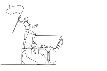 Single one line drawing robots standing on giant open treasure chest holding flag. Robot with artificial intelligence succeed to find golden coin. Future. Continuous line design graphic illustration