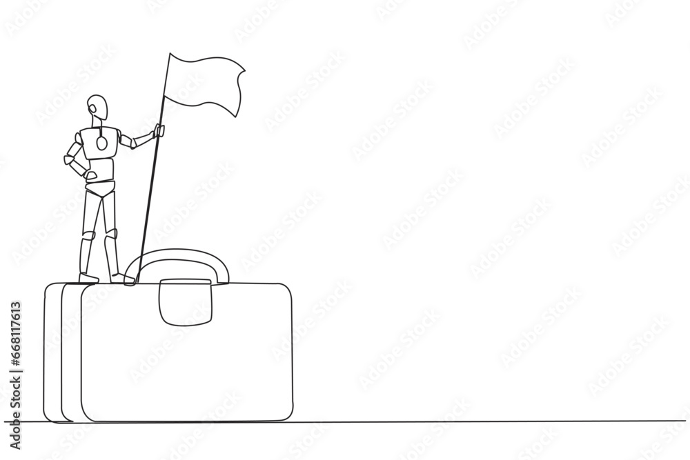 Poster continuous one line drawing of robotic artificial intelligence standing on giant briefcase holding f