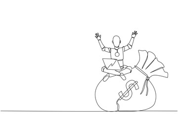 Single continuous line drawing robotic artificial intelligence sitting on giant money bag holding laptop raise both hands. Successful robotic. Future technology. One line design vector illustration