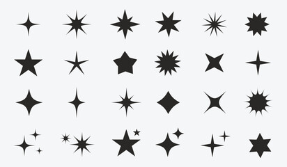 Star icons set. Collection of star shapes. Abstract sparkle set in retro futuristic style. Star shape elements for design, posters, logo etc. Vector illustration