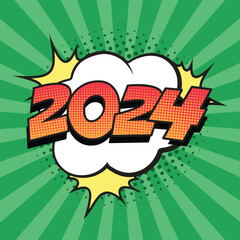 Retro comic speech bubble with colorful halftone shadow. Number 2024 text for New Year. Vector illustration, vintage design, pop art style.