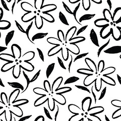Seamless abstract black and white floral pattern with wild flowers. Floral background. Simple Scandinavian style. Vector illustration