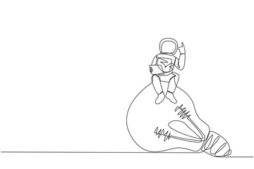 Continuous one line drawing young astronaut sitting on giant lightbulb holding laptop raise one hand. A gesture has the latest brilliant idea for an expedition. Single line draw vector illustration