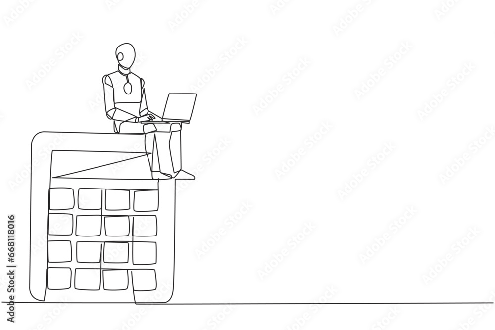 Poster continuous one line drawing of robotic artificial intelligence sitting on giant calculator typing on