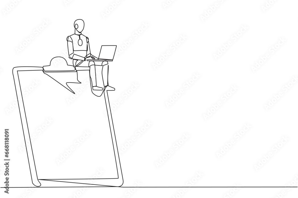 Poster single continuous line drawing robotic artificial intelligence sitting on giant clipboard typing lap