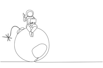 Single continuous line drawing young astronaut sitting on large bomb with a burning fuse holding laptop raise one hand. Reckless expeditions jeopardize research. One line design vector illustration