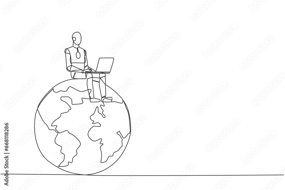 Poster continuous one line drawing robotic artificial intelligence sitting on giant globe typing laptop. el