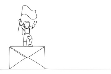 Single one line drawing young astronaut standing on giant email icon holding fluttering flag. Received an email from the team on earth to quickly complete expedition. Continuous line design graphic