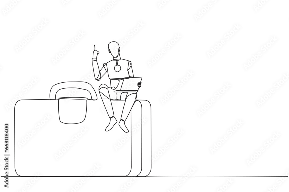 Poster continuous one line drawing robotic artificial intelligence sitting on giant briefcase holding lapto