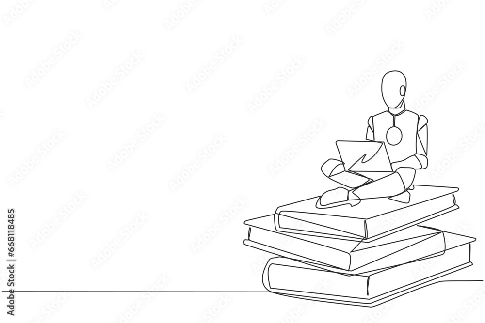 Poster single one line drawing robotic artificial intelligence sitting on stack of giant books typing lapto