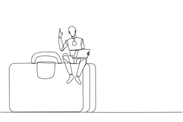 Continuous one line drawing robotic artificial intelligence sitting on giant briefcase holding laptop raise one hand. Programming robots can travel on business. Single line design vector illustration