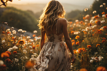 a woman in a dress standing in a field of flowers