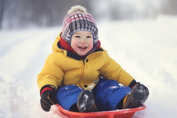 Fototapeta na wymiar Happy child winter sledding. Winter childhood moment on cold snowy weather. Generate ai