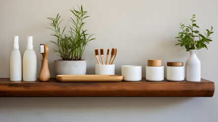 Obraz premium Zero waste bathroom items on wooden shelf: bamboo toothbrush and soap bars