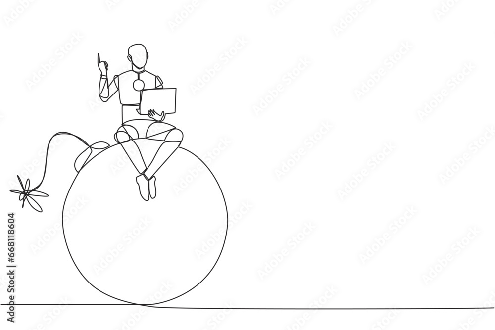 Poster single continuous line drawing robotic artificial intelligence sitting on large bomb with a burning 