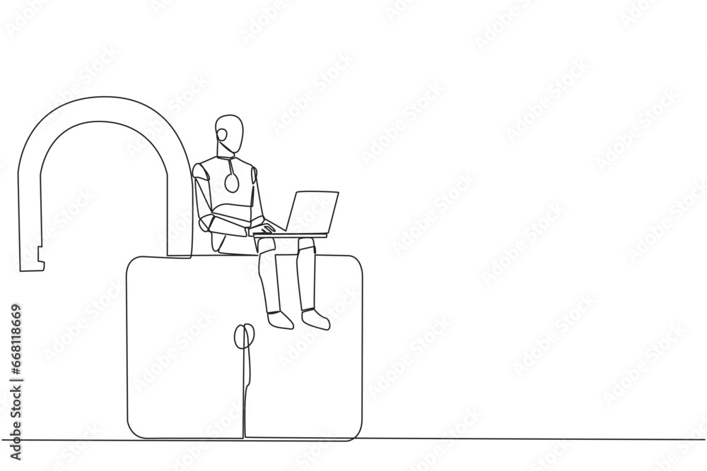 Aufkleber single continuous line drawing robotic artificial intelligence sitting on big open padlock typing la