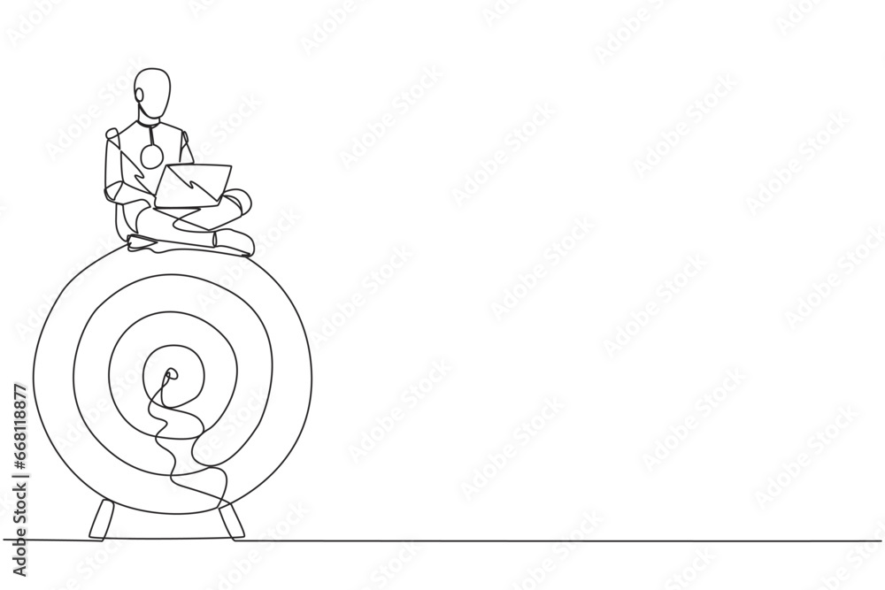 Poster single continuous line drawing robotic artificial intelligence sitting on giant arrow board target t