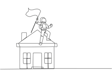 Continuous one line drawing young energetic astronaut standing on miniature house holding fluttering flag. Martians finish building house on the red planet. Single line draw design vector illustration