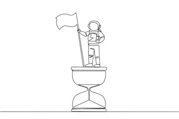 Continuous one line drawing young energetic astronaut standing on giant hourglass holding fluttering flag. Expedition on Mars is nearing the end of the work. Single line design vector illustration
