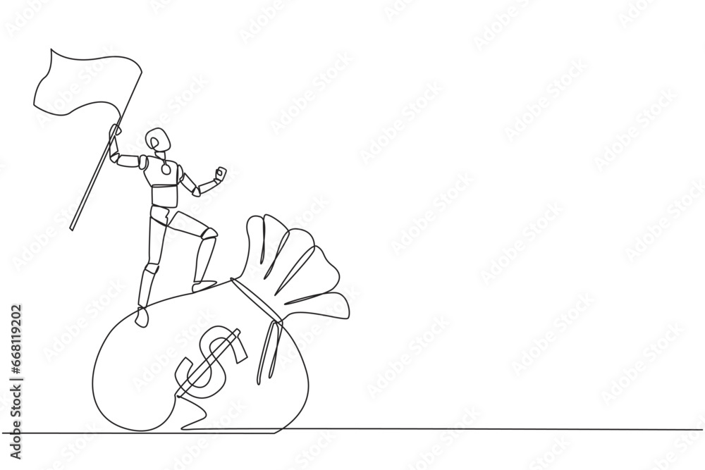 Poster continuous one line drawing of robotic artificial intelligence standing on giant money bag holding f