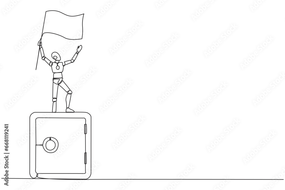 Poster single continuous line drawing of robotic artificial intelligence standing on giant safe deposit box