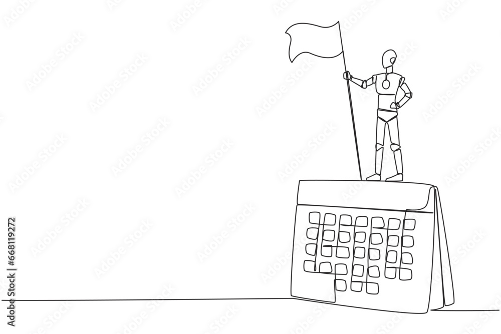 Poster continuous one line drawing of robotic artificial intelligence standing on giant desk calendar holdi