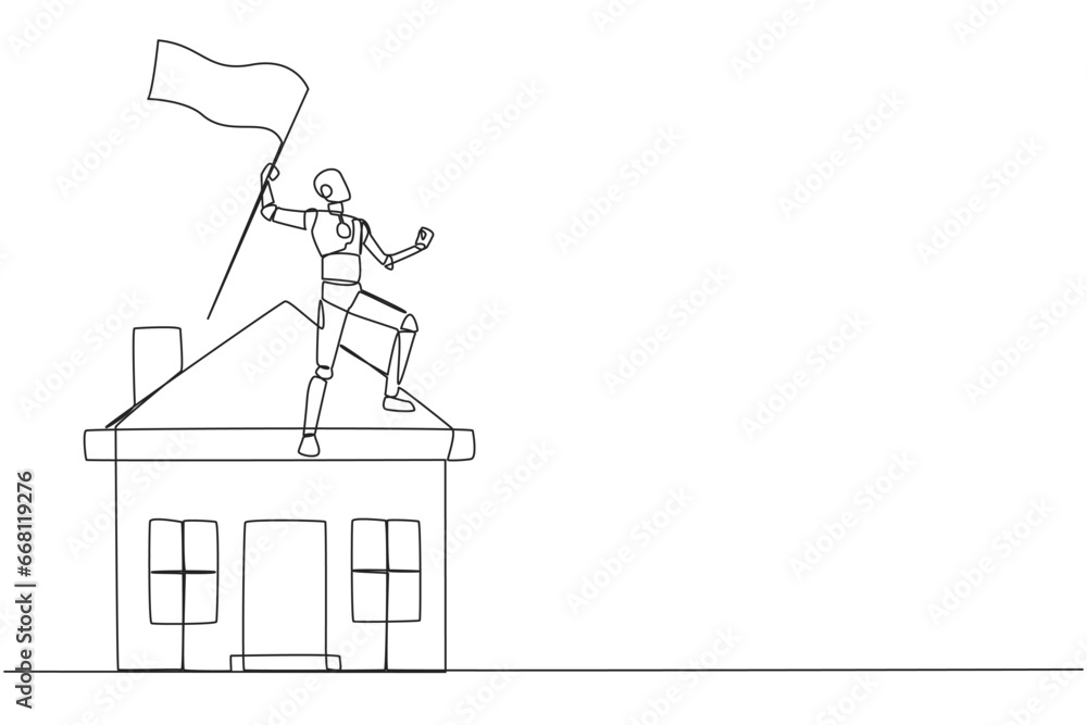 Poster single continuous line drawing of robotic artificial intelligence standing on miniature house holdin