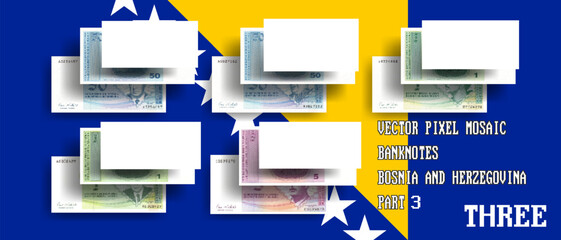 Vector set of pixel mosaic banknotes of Bosnia and Herzegovina. Collection of bills in denominations of 50 pfennigs, 1 and 5 convertible marks. Play money or flyers. Part 3