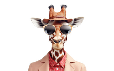 Fashionable Model Giraffe Wearing a Black Glasses and Jacket 3D Cartoon Isolated on Transparent Background PNG.