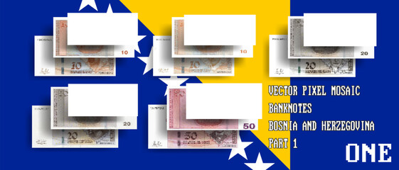 Vector set of pixel mosaic banknotes of Bosnia and Herzegovina. Collection of bills in denominations of 10, 20 and 50 convertible marks. Play money or flyers. Part 1