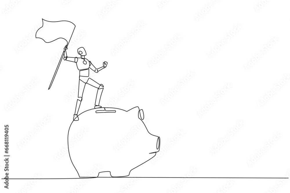 Poster single continuous line drawing of robotics artificial intelligence standing on giant piggy bank hold