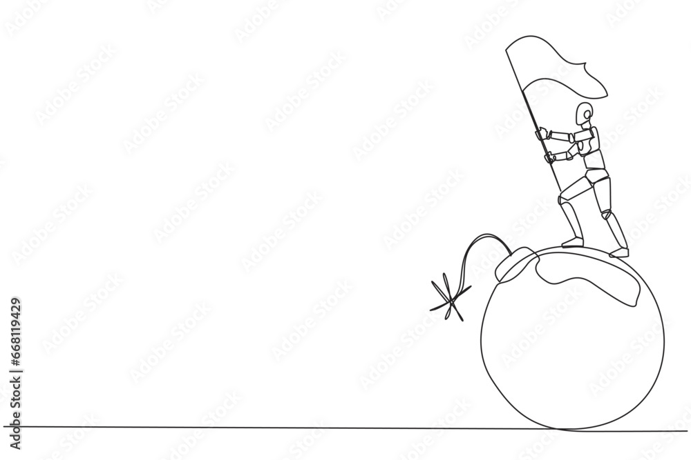 Poster continuous one line drawing of robotic artificial intelligence standing on large bomb with a burning
