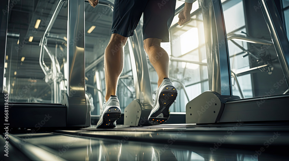 Wall mural person on stair climber steady motion gym with mirrors and posters