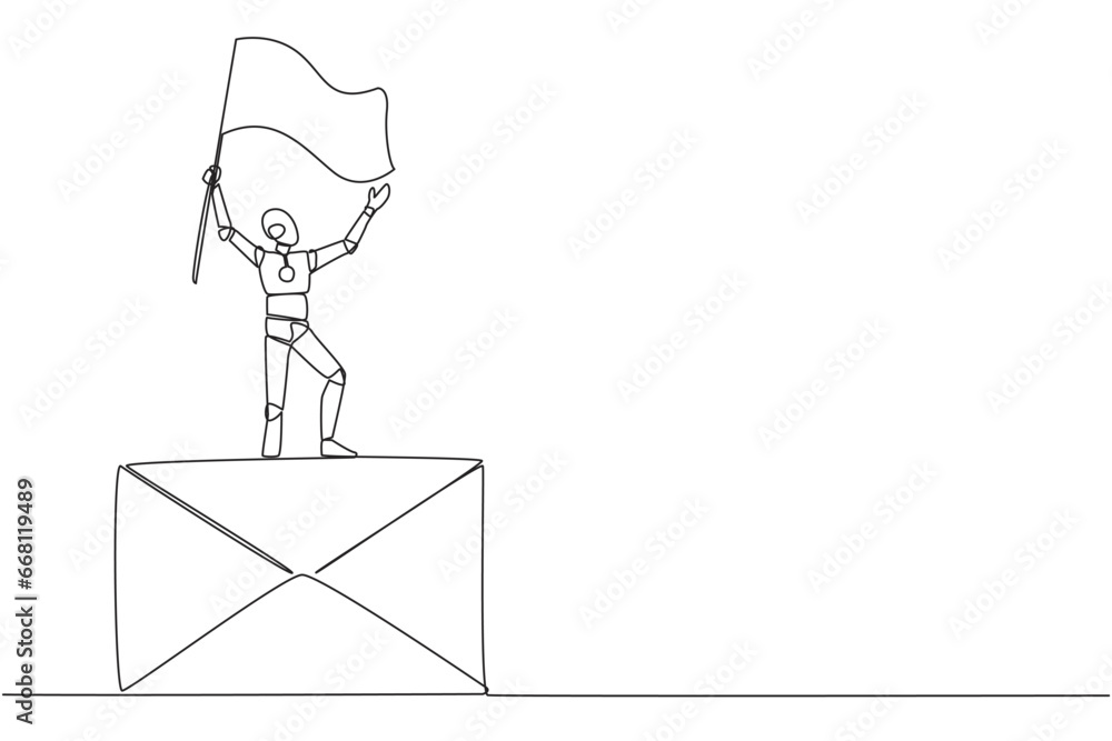 Poster single one line drawing of robotic artificial intelligence standing on giant email icon holding flut
